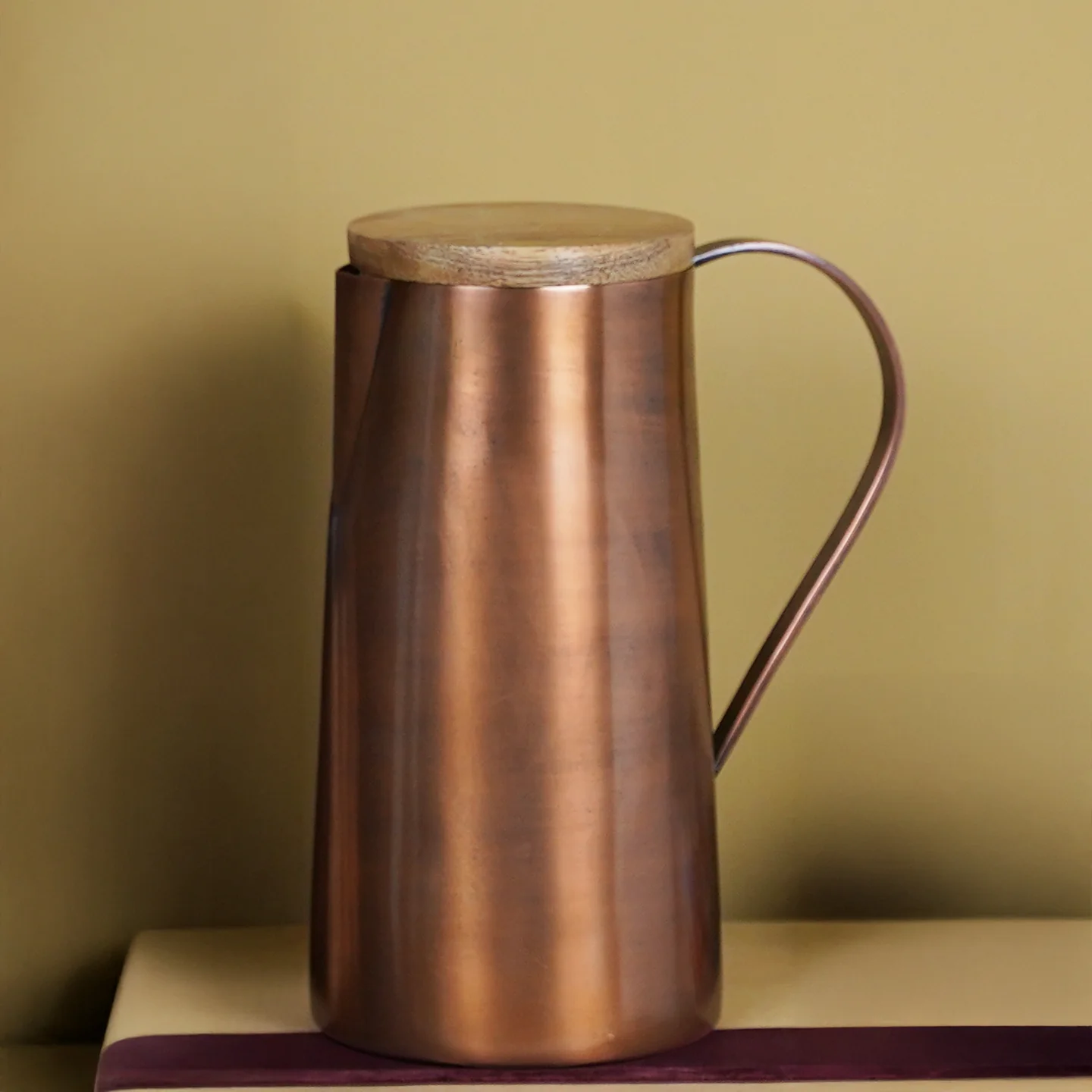 Brushed Copper Water Jug with Wooden Lid - Image 2