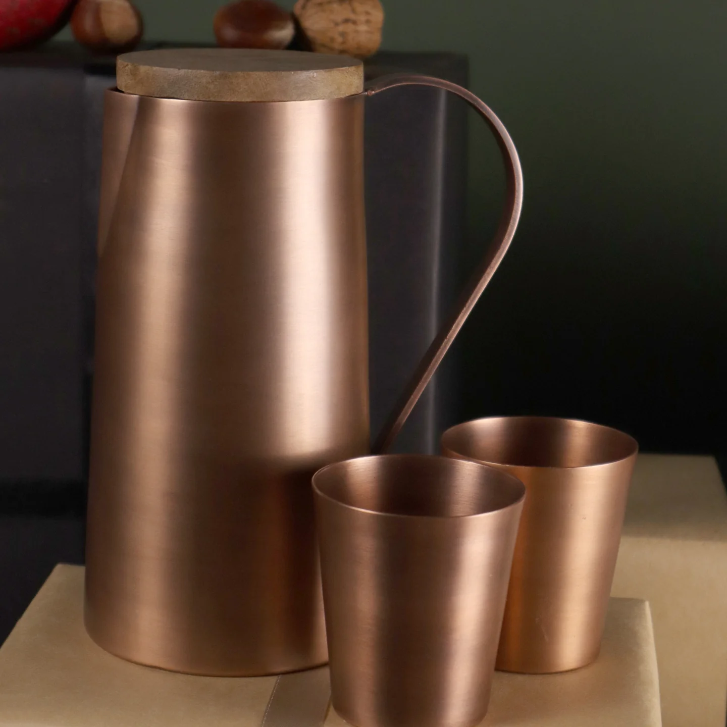 Brushed Copper Water Jug with Wooden Lid - Image 3